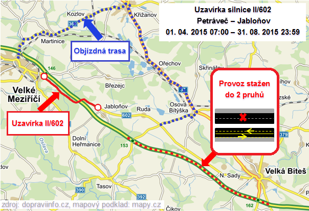 Přehled k uzavírce na dálnici D1 a uzavírce silnice II/602